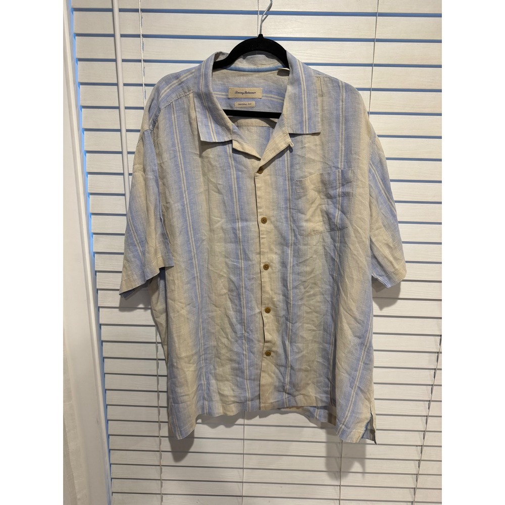 Tommy Bahama Mens‎ XXL Blue Beige Striped 100% Linen Short Sleeve Camp Shirt
